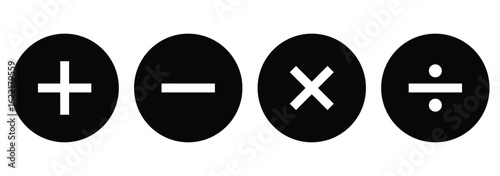 Four basic mathematical operation symbols plus minus multiply and divide.  Addition, subtraction, multiplication, division sign, icon symbol. eps 10