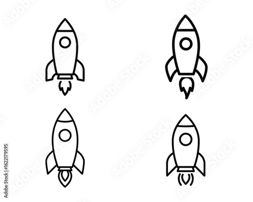 Set of four rocket ship icons in outline style isolated on white background, perfect for space exploration and technologythemed designs