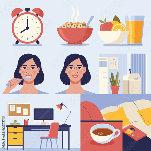 Morning routine illustration showing breakfast and getting ready for work
