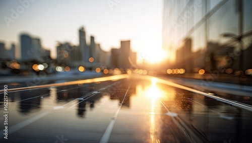 Solar panels on a city street at sunset. Blurry cityscape in the background