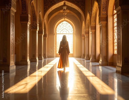 Mystical robed figure standing in a grand reflective hallway, golden sunbeams streami