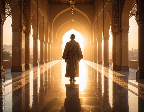 Mystical robed figure standing in a grand reflective hallway, golden sunbeams streami