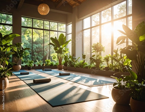 Natural wellness scenes featuring yoga poses, green plants, and soft sunlight 