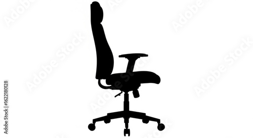 Isolated on white background, a black office chair is shown in silhouette