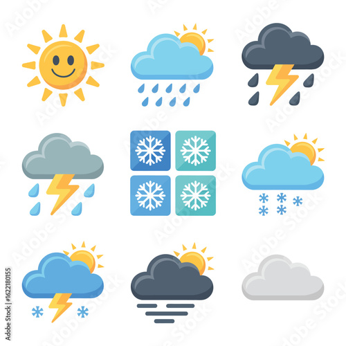 Collection of cartoon weather icons representing different meteorological conditions