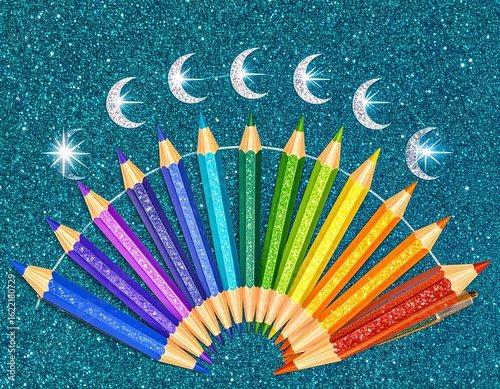 Rainbow colored pencils arranged in a fan shape with sparkling stars and crescent moon 