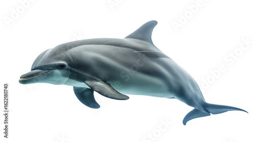 Underwater side view of dolphin in full profile with smooth curves and soft lighting, crystal-clear water texture, real look, full view, on white background, 4k, unique, no blur, clear view