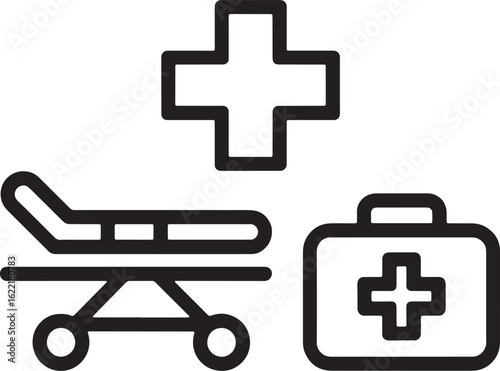Medical symbols including first aid kit and stretcher health healthcare