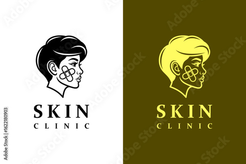 illustration of girl face with bandage on cheek, icon, vector logo for acne, anti aging, dermatologist, skin care, skin clinic, makeup, luxury facial spa, cosmetics, skin specialist, and more