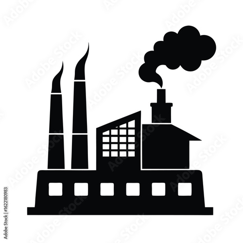 Industrial plant converting to solar energy production vector silhouette on white background  