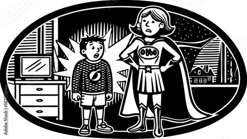 Superhero mom saves the day illustration with boy tv and cityscape in black and white vector art design vector Illustration