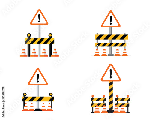 Set of construction barriers and warning signs isolated on white background, indicating road blocks, safety hazards, and restricted areas with caution