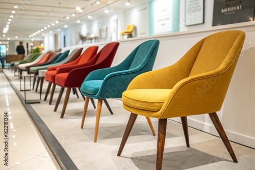 A row of colorful chairs are displayed in a showroom