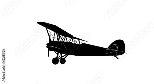 Silhouette of a vintage biplane isolated on white background, side view