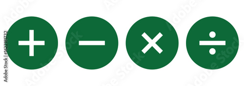 Four basic mathematical operation symbols plus minus multiply and divide.  Addition, subtraction, multiplication, division sign, icon symbol. eps 10