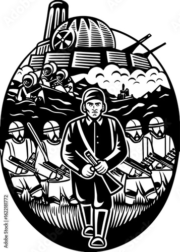 Black and white world war soldier military army troops vector illustration design element graphic art vector Illustration