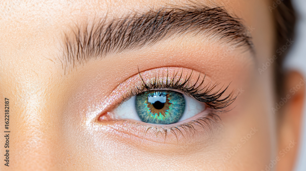 Fototapeta premium Bright blue eye with long lashes and well groomed eyebrows, showcasing beauty and detail