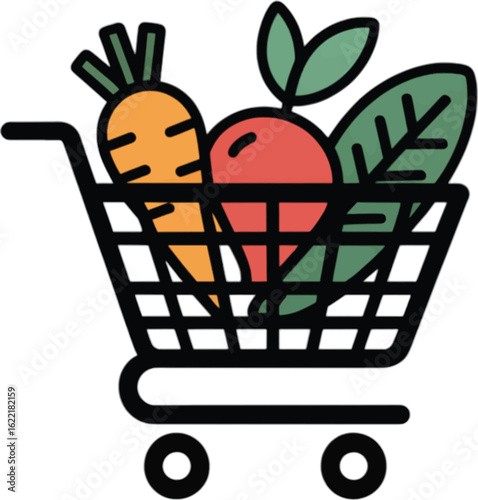 Shopping cart filled with fresh produce and leafy greens grocery cart supermarket trolley