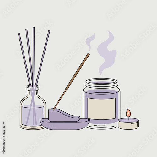 Aromatherapy diffuser with incense stick candle and essential oil in a jar