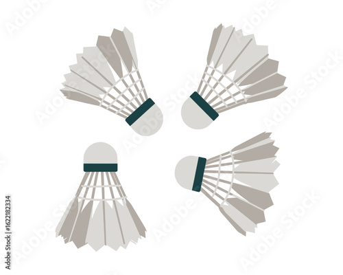 Four badminton shuttlecocks arranged in a circle isolated on white background, creating a dynamic and sporty composition for graphic design projects