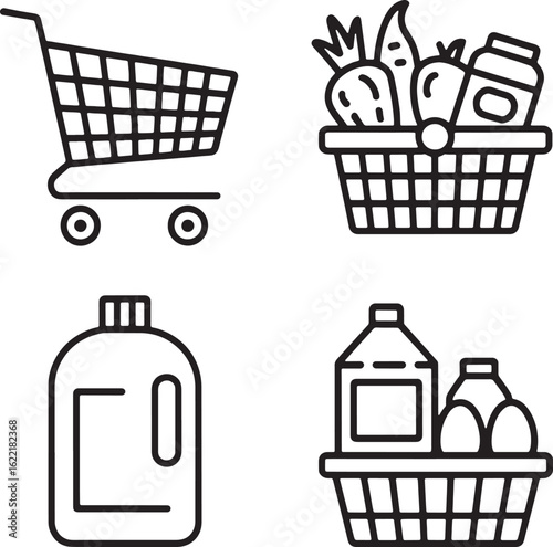 Shopping cart grocery basket cleaning supplies and eggs produce cleaning bottle