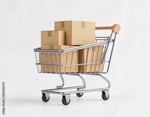 Small shopping trolley carrying eco-friendly brown kraft packaging boxes, minimal
