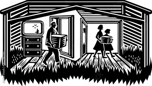 Moving house family home relocation new home owners carrying boxes furniture interior design black and white art vector Illustration