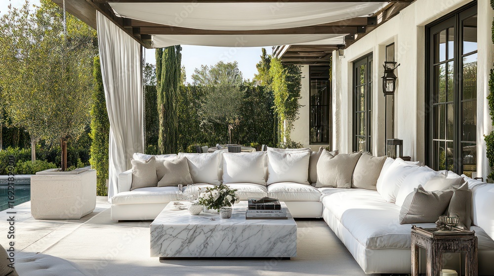 Fototapeta premium A luxurious outdoor area with a white sofa, a marble-top coffee table, and a retractable pergola for shade