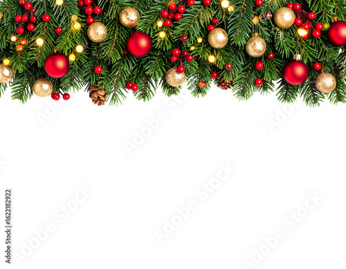  Classic Christmas Garland Border with Pine, Baubles, and Berries, Top Edge Only, isolated transparent background png