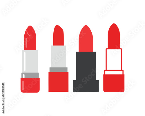 Four different red lipsticks isolated on white background, representing beauty, fashion, makeup, and cosmetics in a modern and elegant style