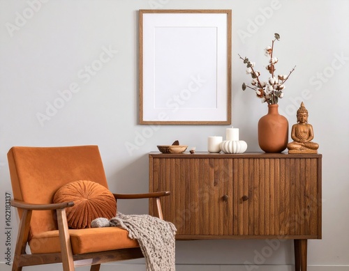 Stylish room of home interior with brown mock up frame with vintage accessories, plan