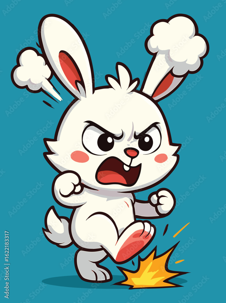 Angry cartoon bunny stomping foot with steam and explosion, expressive vector animal illustration Angry cartoon bunny stomping foot with steam and explosion, expressive vector animal illustration
