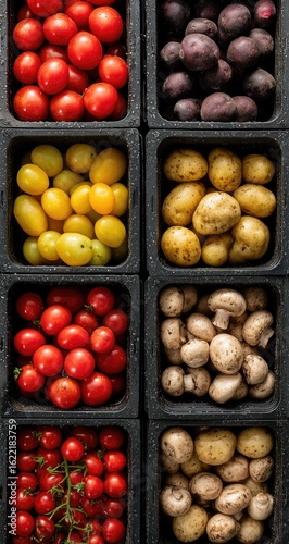 Fresh produce in dark wooden trays, various colorful fruits & vegetables