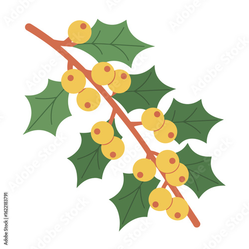Christmas holly branch with yellow berries and green leaves