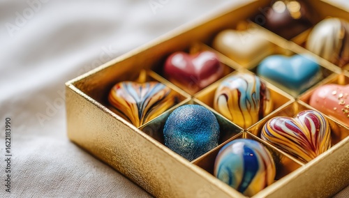Gold box filled with colorful heart and round chocolates