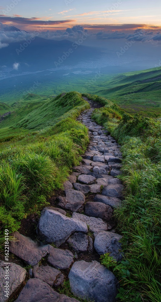 Fototapeta premium Mountain path winding upwards through grassy hills at dawn