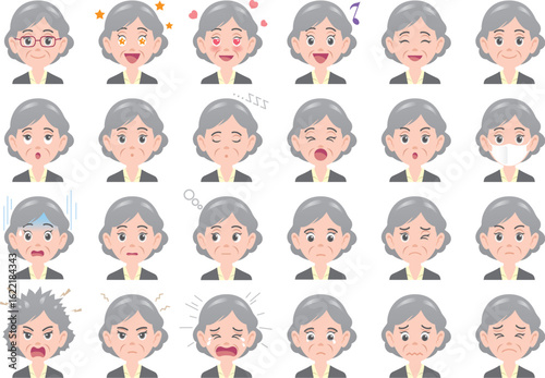 Elderly woman facial expression set. Vector illustration collection of a senior female character head showing various emotions.