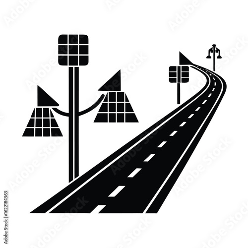 Solar powered streetlights along highway promoting clean energy vector silhouette on white background.
