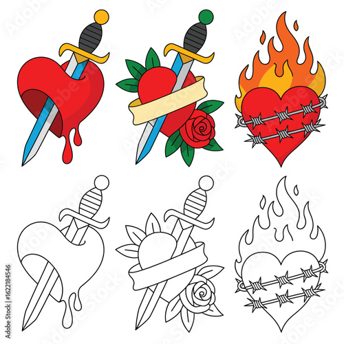 Collection of tattoo designs featuring hearts daggers and flames