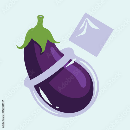  Eggplant with condom and ring symbolizing safe sex and healthy lifestyle