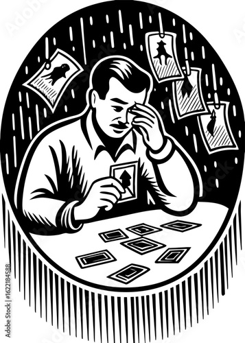 Man playing card game in a room with hanging pictures black and white illustration vector graphic art vector Illustration