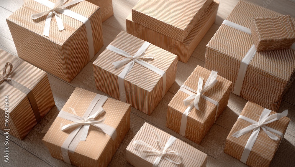Fototapeta premium Light beige wooden gift boxes with ribbons