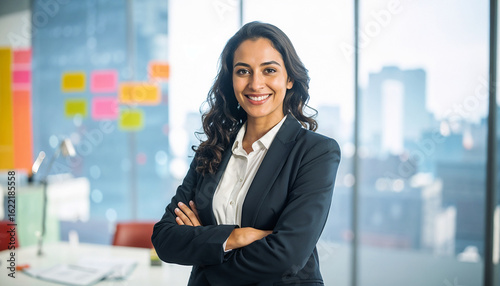Young smart indian businesswoman, smiling face, standing in blur background of creative colorful office interior design.