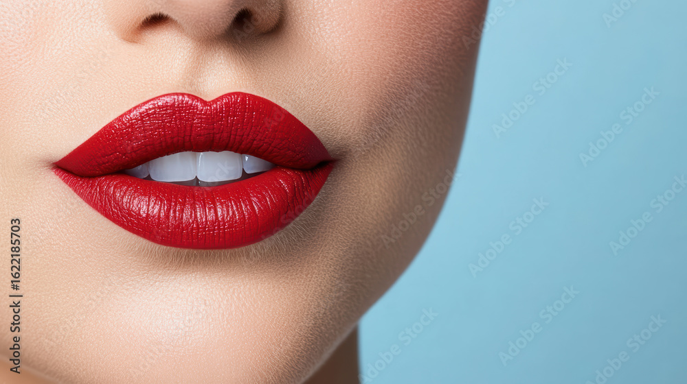 Fototapeta premium Bold red lips with smooth finish create striking look against soft blue background