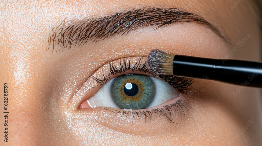Naklejka premium Close up of eye during eyeshadow application, showcasing detailed makeup techniques and tools