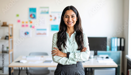 Young smart indian businesswoman, smiling face, standing in blur background of creative colorful office interior design.