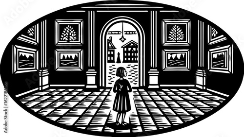 Art gallery museum paintings exhibition woman architecture building interior design artwork vector illustration vector Illustration