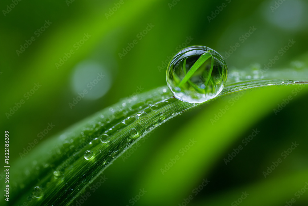 Macro photograph of dewdrop on green leaf Macro photograph of dewdrop on green leaf