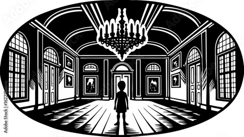 Black and white art gallery chandelier silhouette illustration interior design artwork museum exhibit perspective 100 vector Illustration