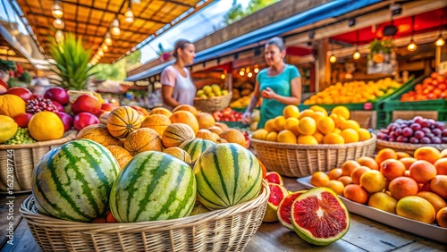 Vibrant Summer Fruit Market Scene: Watermelons, Oranges, and Melons in Baskets, Happy Shoppers Background
